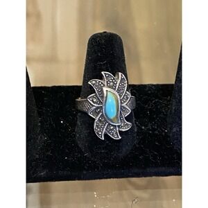 Vintage Sterling Silver 925 Turquoise Marcasite Ring (READ) Sz 8 ~ 8.97 gm, 3 mm
